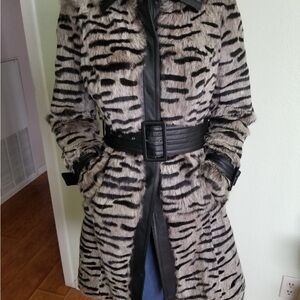 BEBE Black and Gray Striped Rabbit Fur/Leather Knee Length Coat